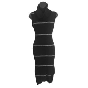 SAY WHAT? BLACK WITH METALLIC STRIPES COWL NECK DESIGNER DRESS SIZE L